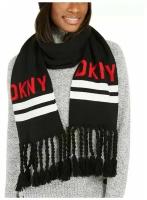 Шарф DKNY черный с красными лого и кисточками