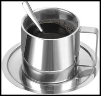 Чайная пара из нержавеющей стали 260 мл, чашка металлическая, чашка с блюдцем и ложкой, чашка чайная/чашка кофейная, кружка металлическая CGPro