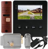 Комплект видеодомофона для дома, дачи с монитором 4 дюйма и электромеханическим замком на калитку, дверь (Черный)