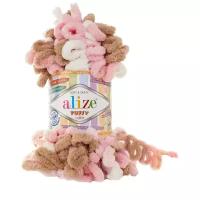 Плюшевая пряжа Alize Puffy Color (Ализе Пуффи Колор) - 5 мотков 6046 бело-розовый-кремовый, для вязания руками, 100 % микрополиэстер, 9м/100г