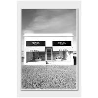 Черно-белый постер на стену для интерьера Postermarkt Prada Marfa, постер в белой рамке 40х50 см, постеры картины для интерьера в белой рамке