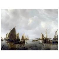 Репродукция на холсте Голландские суда в штиль (A River Scene with Dutch Vessels Becalmed) Капелле Ян 41см. x 30см