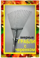 Грабли веерные для листьев с черенком / Грабли садовые веерные металлические / Раздвижные грабли с черенком