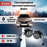 Светодиодные противотуманные фары 50W (2 шт.) ПТФ на модели автомобиля Рено Дастер / Renault Duster, Рено Логан /Renault Logan