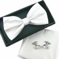 Комплект белый 3В1 Галстук- бабочка, запонки платок- паше / набор - бабочка запонки платок в карман / нагрудный платок для пиджака