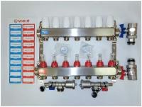 Коллекторная группа ViEiR из нержавеющей стали для теплого пола на 7 выходов с кранами, с расходомерами в сборе 1