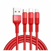 Кабель USB - Apple 8 pin, Type-C, микро USB HOCO X26 Xpress, 1.0м, круглый, 2.1A, ткань, цвет красный