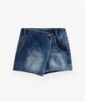 Юбка-шорты из джинсовой ткани с потертостями, заминами и асимметричной линией низа синяя Gulliver