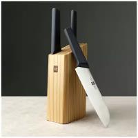 Набор стальных ножей (3 ножа + деревянная подставка из сосны) HuoHou 4-Piece Kitchen Knife Set Lite (HU0059), русская версия, черный