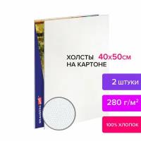 Холсты на картоне Комплект 2 шт. (40х50 см), 280 г/м2, грунт, 100% хлопок, Brauberg Art Classic, 880357