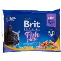 Влажный корм для кошек Brit Premium Fish Plate, беззерновой, с треской, с лососем, с форелью 4 шт. х 100 г (кусочки в соусе)