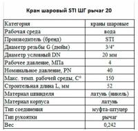 Кран шаровой (вода), STI ШГ рычаг 20 латунного, тип рукоятки - рычаг, Номинальный диаметр резьбы - G3-4 Диаметр условный (DN) - 20, вентиль для воды