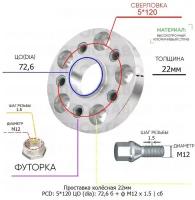 Проставка колёсная 22мм 5*120 ЦО 72,6 Крепёж в комплекте Болт + Футорка М12*1,5 ступичная с бортиком для дисков на ступицу 5x120 5х120