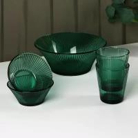 Набор посуды «Верде», 2 стакана 330 мл, 2 тарелки 280 мл, салатник 1,6 л, стеклянной, цвет зелёный