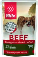 BLITZ BEEF говядина С белой рыбой кусочки в соусе корм консервированный Полнорационный для собак мелких пород всех возрастов 85г х24шт