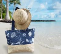 Сумка пляжная шоппер и шляпа летняя от солнца (комплект) синяя с бежевой шляпой