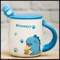 Кружка Динозаврик Dinosaur с ложкой, крышкой, женская, детская, подарочная, мужская 420 мл Эврика (синий) на 14 февраля, 8 марта