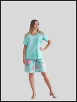 Пижама женская футболка, шорты, цвет мята, голубой, бирюза, размер 50, большие размеры