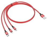 Кабель USB HOCO X14 3-in-1, USB - Lightning+MicroUSB+Type-C, 2А, 1 м, красный