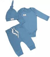 Комплекты нательные для малышей и новорожденных Супер Пупс, набор из трех предметов (боди, штанишки, шапочка), 68 размер, серо-голубой