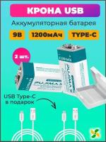 Аккумулятор Крона PUJIMAX 9V 1200mAh 6F22 Li-ion + кабель USB Type-C (Комплект 2шт.)