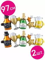 Воздушные шары фольгированные Falali фигурные, Гирлянда Бутылки Виски, Шампанское, Пиво, 96,5х33 см, 2 шт