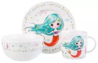 Набор фарфоровый столовый обеденный детский 3 предмета - кружка, миска, тарелка Elan Gallery Русалка с голубыми волосами набор детской посуды