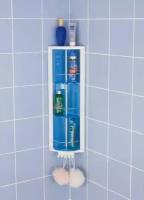 Угловой шкаф для ванной Primanova M-S01-23 с тремя полками вращающиеся, с крючками для аксессуаров из ABS - пластика, цвет прозрачно-голубой, размер 15x15x66 см