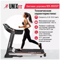 Беговая дорожка UNIXFIT MX-800SP, 3.0 л.с., до 140 кг, скорость 0.8 - 16.8 км/ч, угол 0-15% , 10 динамических эластомеров, 2 амортизатора