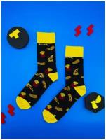 Носки мужские / носки женские / носки унисекс / цветные носки черные с хотдогами, картошкой фри и пиццей (р.39-44)