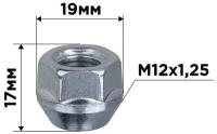 Гайка конус M12х1,25 открытая 17мм ключ 19мм цинк SKYWAY 011 (в компл.20 шт)