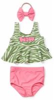 50668, Купальник раздельный для девочек UPF 50+ Happy Baby топ и плавки, повязка на волосы, солнцезащитный, зеленый, ярко-розовый, в полоску, 80-86