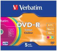 Диск DVD-R Verbatim 4.7Gb 16x Slim case (5шт) Color (43557)