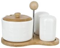 Набор для специй солонка, перечница, сахарница с ложкой на бамбуковой подставке 