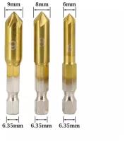 Зенкер с шестигранным хвостовиком, по дереву и цветным металлам диаметр; 6мм 8мм 9мм. Комплект 3 штуки