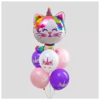 Букет из шаров «С днём рождения», котик-единорог, фольга, латекс, набор 6 шт., цвета микс