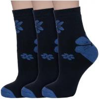 Комплект из 3 пар женских махровых носков Альтаир черные с синими цветами