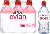 Вода минеральная природная питьевая столовая Evian негазированная, спорт ПЭТ, без вкуса, 6 шт. по 0.75 л