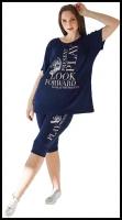 Женский домашний костюм Текст Синий размер 56 Вискоза Оптима трикотаж рисунок Надписи с бриджами с коротким рукавом