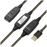 Активный удлинитель USB 2.0 AM / AF кабель с тремя усилителями сигнала + разъём для доп. питания, LED-индикаторы (GCR-UECa53), черный; прозрачный, 25.0м