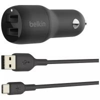 Автомобильное зарядное устройство Belkin 2хUSB-A + кабель USB-A - USB-C, 24В, 1м, черный