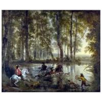 Репродукция на холсте Охота на оленей в лесу (A Stag Hunt in a Forest) Хакаерт Ян 72см. x 60см