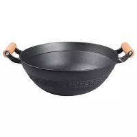 Чугунная сковорода-вок Xiaomi Sanxia Cast Iron Binaural Wood Handle Wok 34cm Black