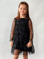 Платье для девочки нарядное бушон ST53, цвет черный блестки/звезды (122-128)