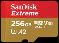 Карта памяти SanDisk Extreme microSDXC Class 10 UHS Class 3 V30 A2 190MB/s + 256 GB, чтение: 190 MB/s, запись: 130 MB/s, без адаптера SD