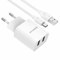 Сетевое зарядное устройство Borofone BA53A, 2xUSB, 2.1 А, кабель Lightning, 1 м, белое 9088824