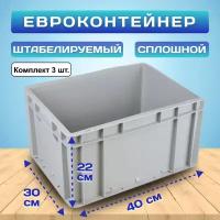 Евроконтейнер EC-4322 пластиковый с закрытыми ручками 40х30х22 см, комплект 3 шт. Серые