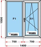 Окно из профиля рехау BLITZ (1500 x 1400) 159/2, с поворотно-откидной створкой, 3 стекла
