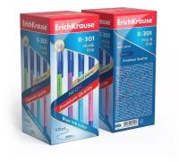 Ручка шариковая Erich Krause R-301 Neon Stick & Grip, узел 0.7 мм, чернила синие, резиновый упор, длина линии письма 1000 метров, микс