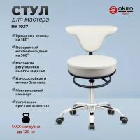 OKIRO / Стул для мастера на колесах со спинкой HY 1037 WHT / стул для парикмахера, косметолога